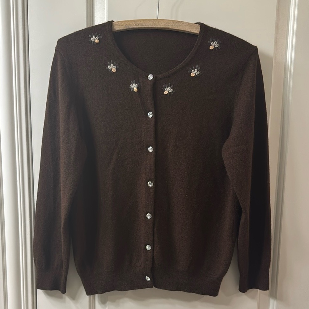 Embroidered Floral Flower Brown Cashmere Cardigan Sweater Size S - Picture 11 of 11